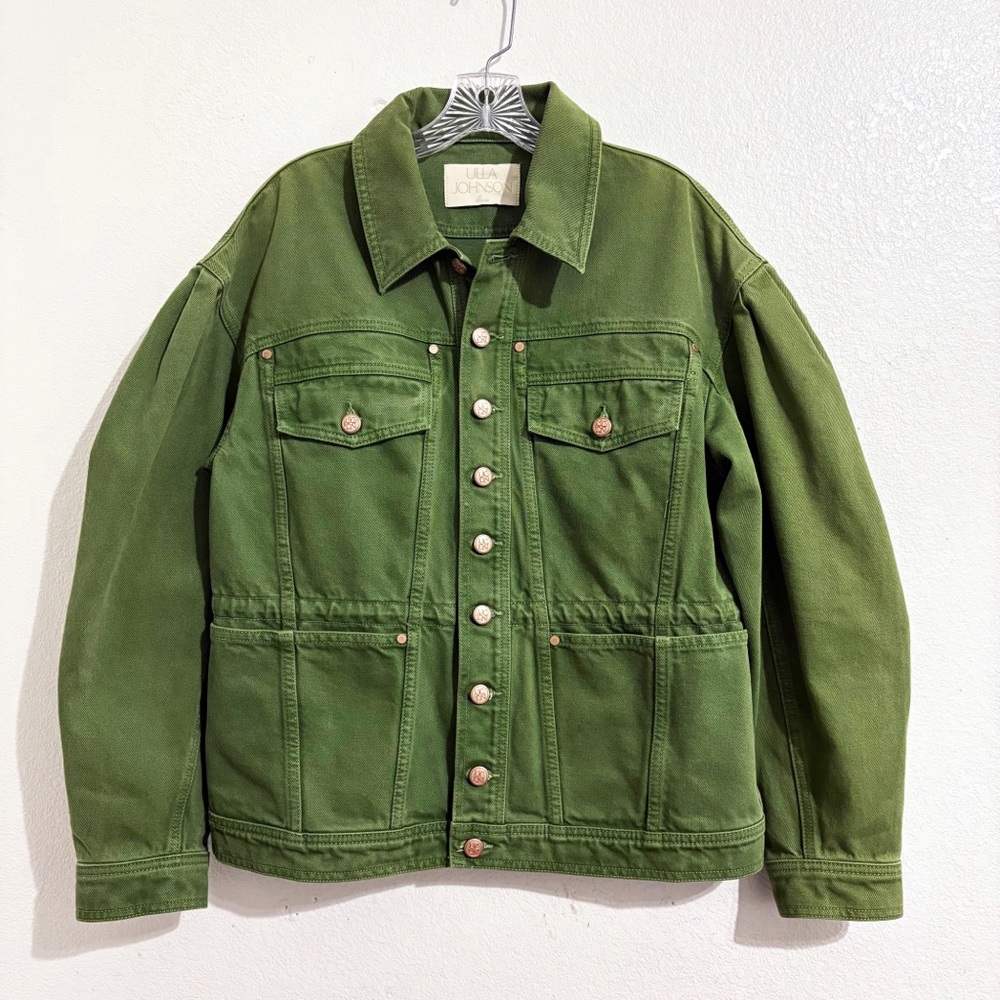 Ulla Johnson The Odette Rigid‎ Denim Button Drawstring Jacket in Lichen Green